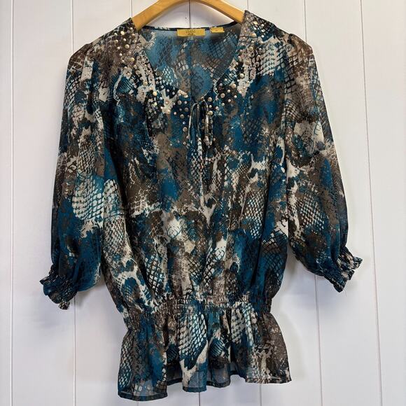 Vintage Valerie Stevens Womens Boho Animal Print Peasant Top Size M Brown Teal - Picture 1 of 9